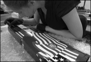 Mollye working on laser marking of helicopter blade.